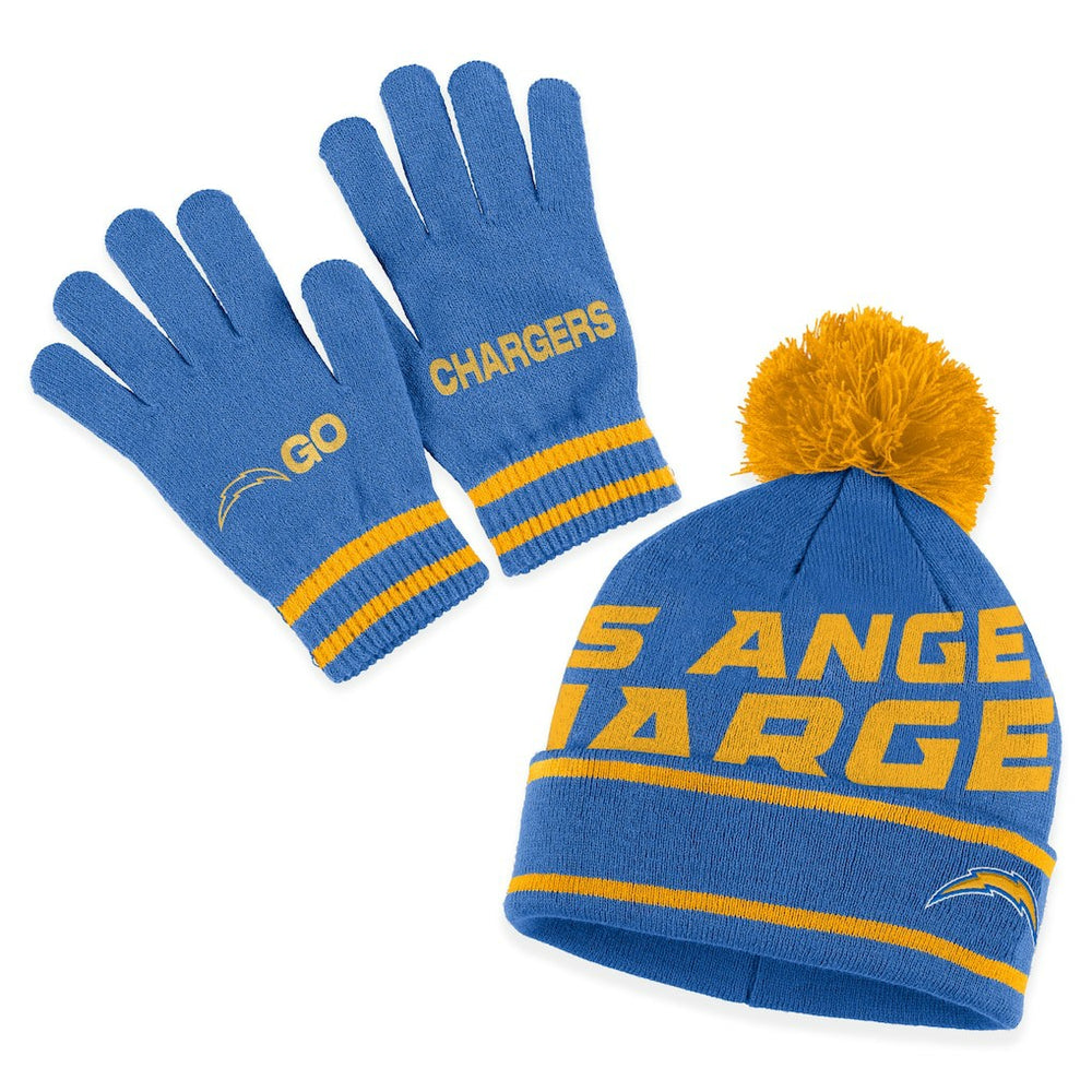 Los Angeles Chargers WEAR by Erin Andrews Women's Double Jacquard Cuffed Knit Hat with Pom and Gloves Set | NFL Near me