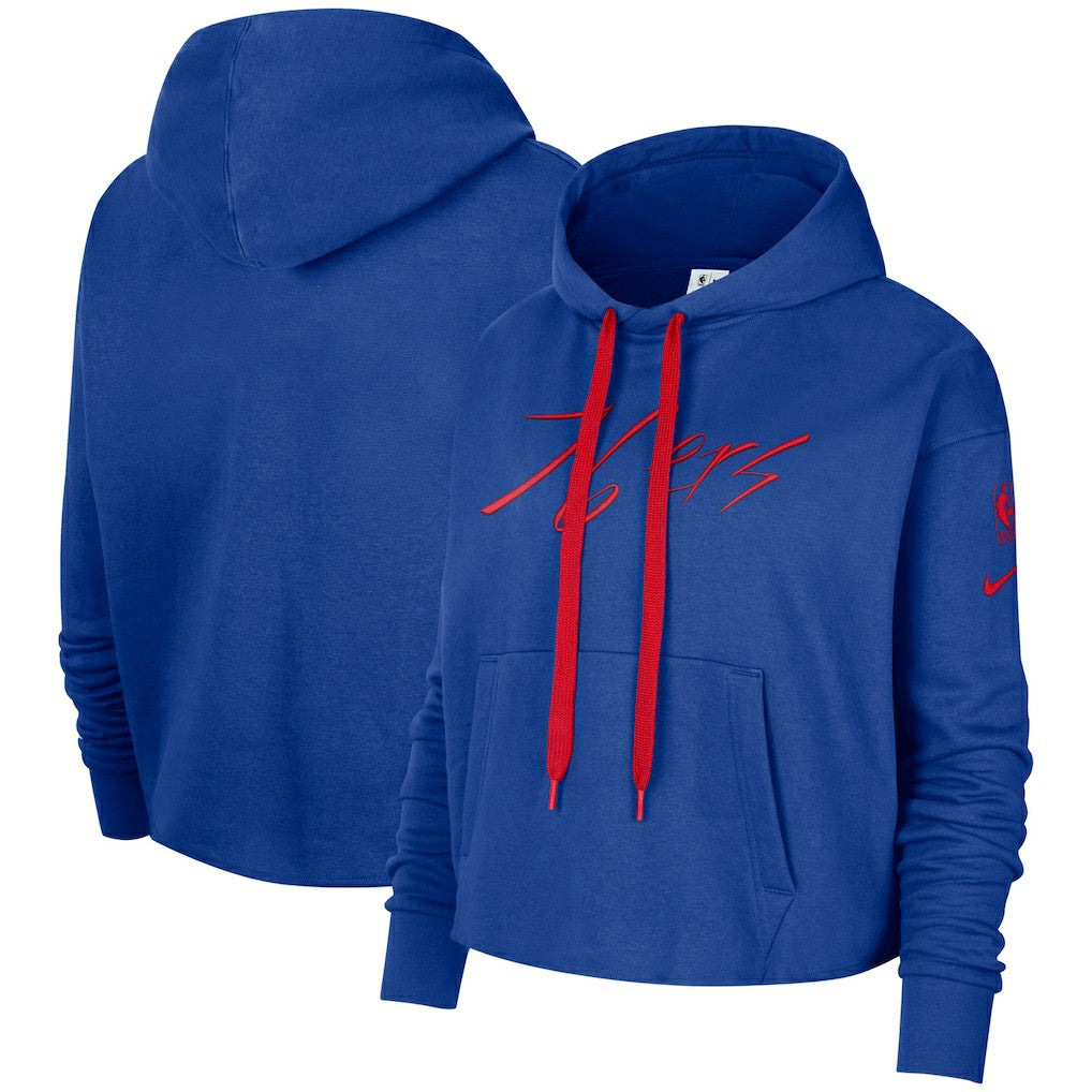 Royal Philadelphia 76ers Women's Split Flip Courtside Cropped Pullover Hoodie | NBA