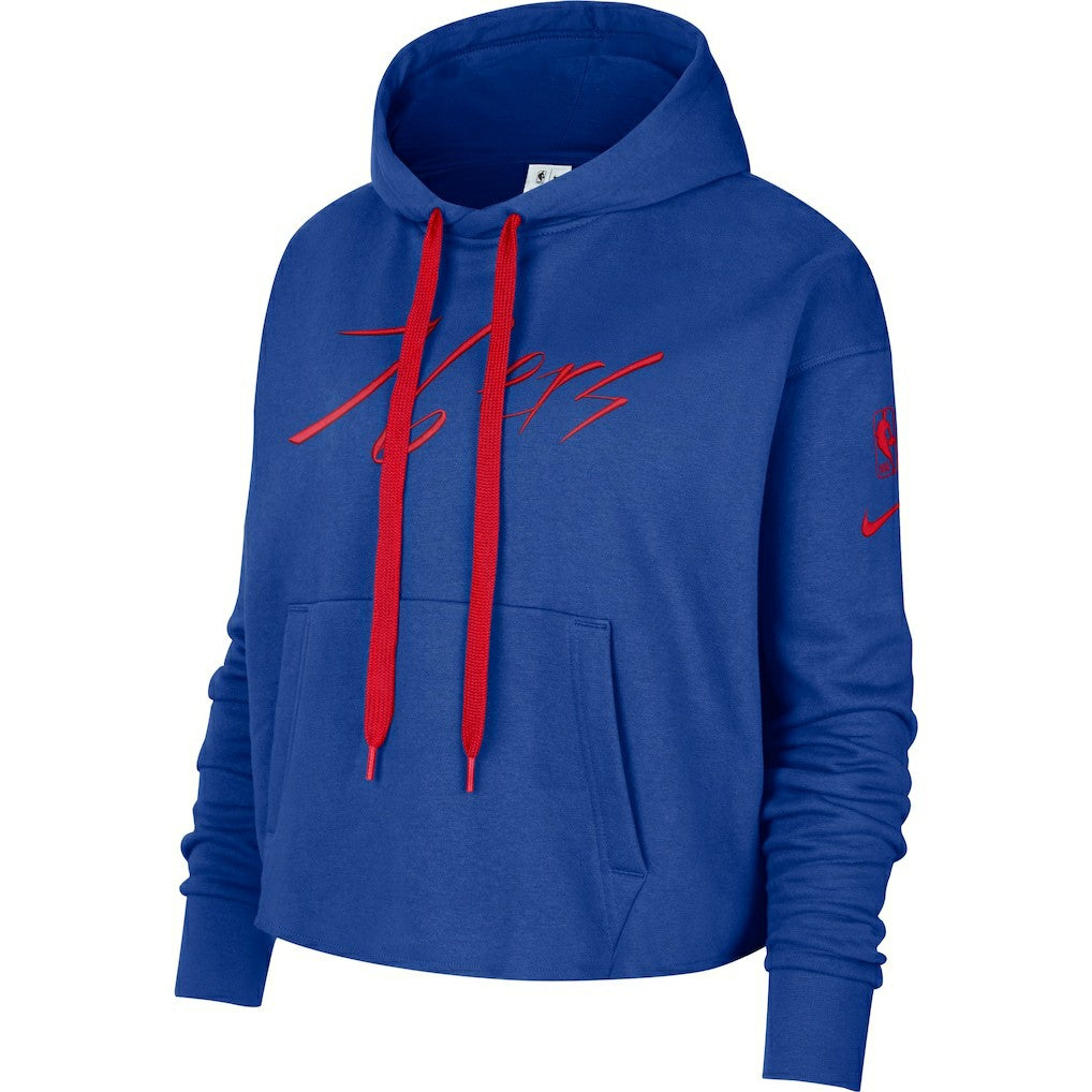 Royal Philadelphia 76ers Women's Split Flip Courtside Cropped Pullover Hoodie | NBA