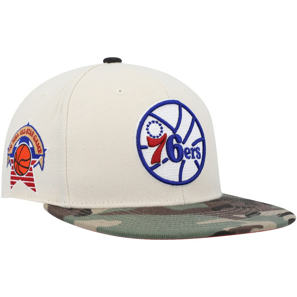 Cream/Camo Philadelphia 76ers Hardwood Classics 1976 NBA All-Star Game Off White Camo Fitted Hat | NBA