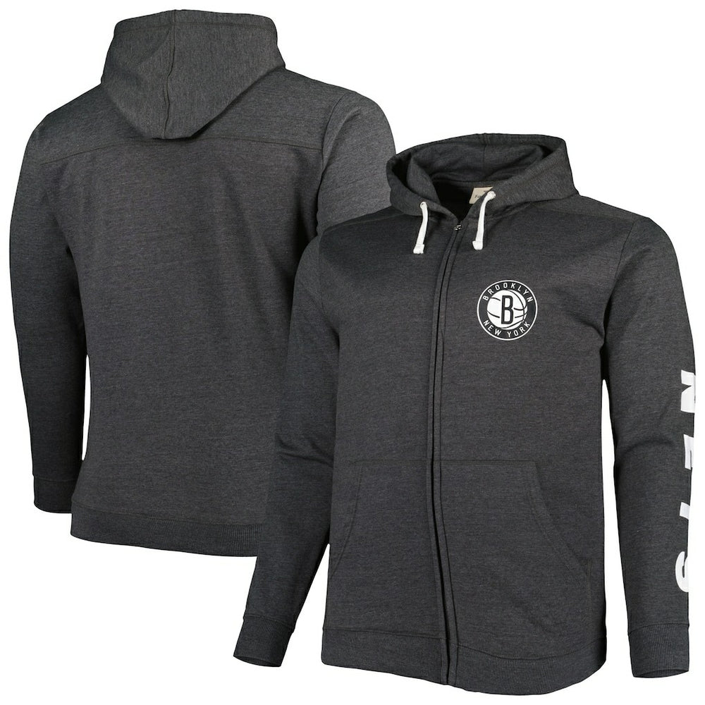 Heathered Black Brooklyn Nets Big & Tall Down and Distance Full-Zip Hoodie | NBA