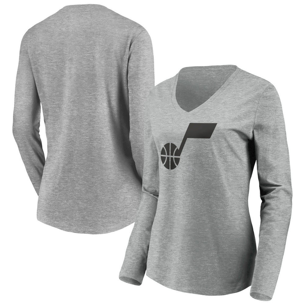 Heathered Gray Utah Jazz Women's Primary Logo Team Long Sleeve V-Neck T-Shirt | NBA