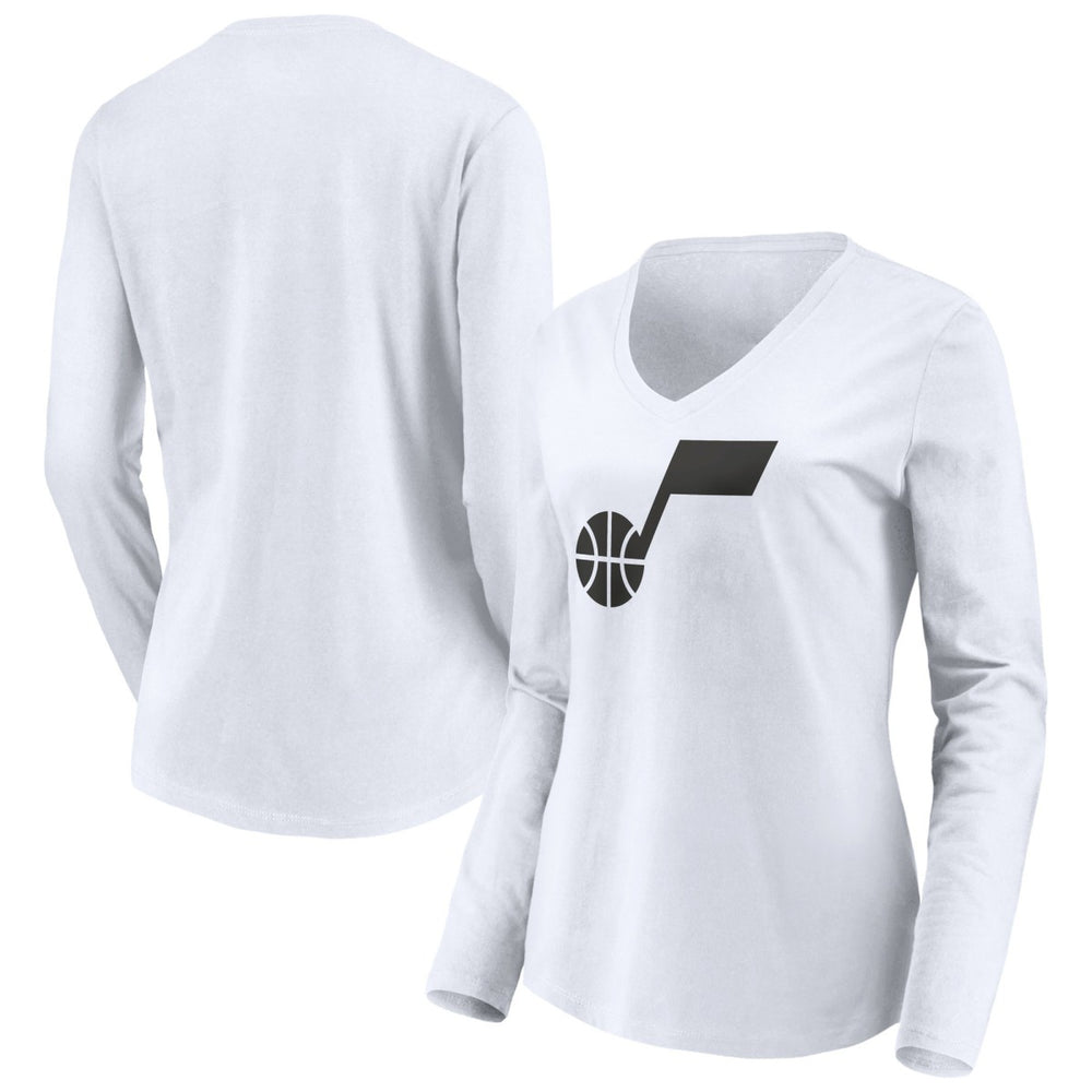 White Utah Jazz Women's Primary Logo Team Long Sleeve V-Neck T-Shirt | NBA