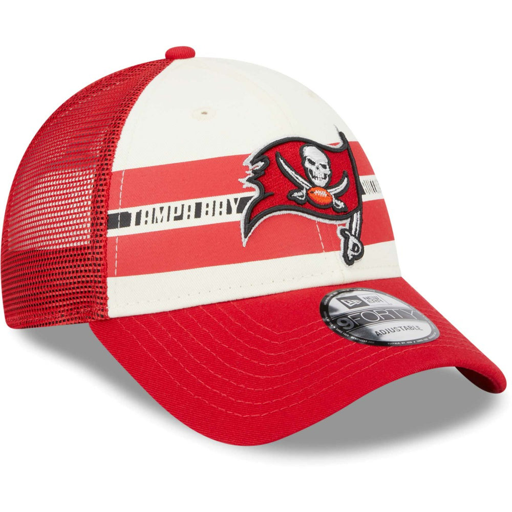 Tampa Bay Buccaneers Team Stripe Trucker 9FORTY Snapback Hat | NFL Outlet