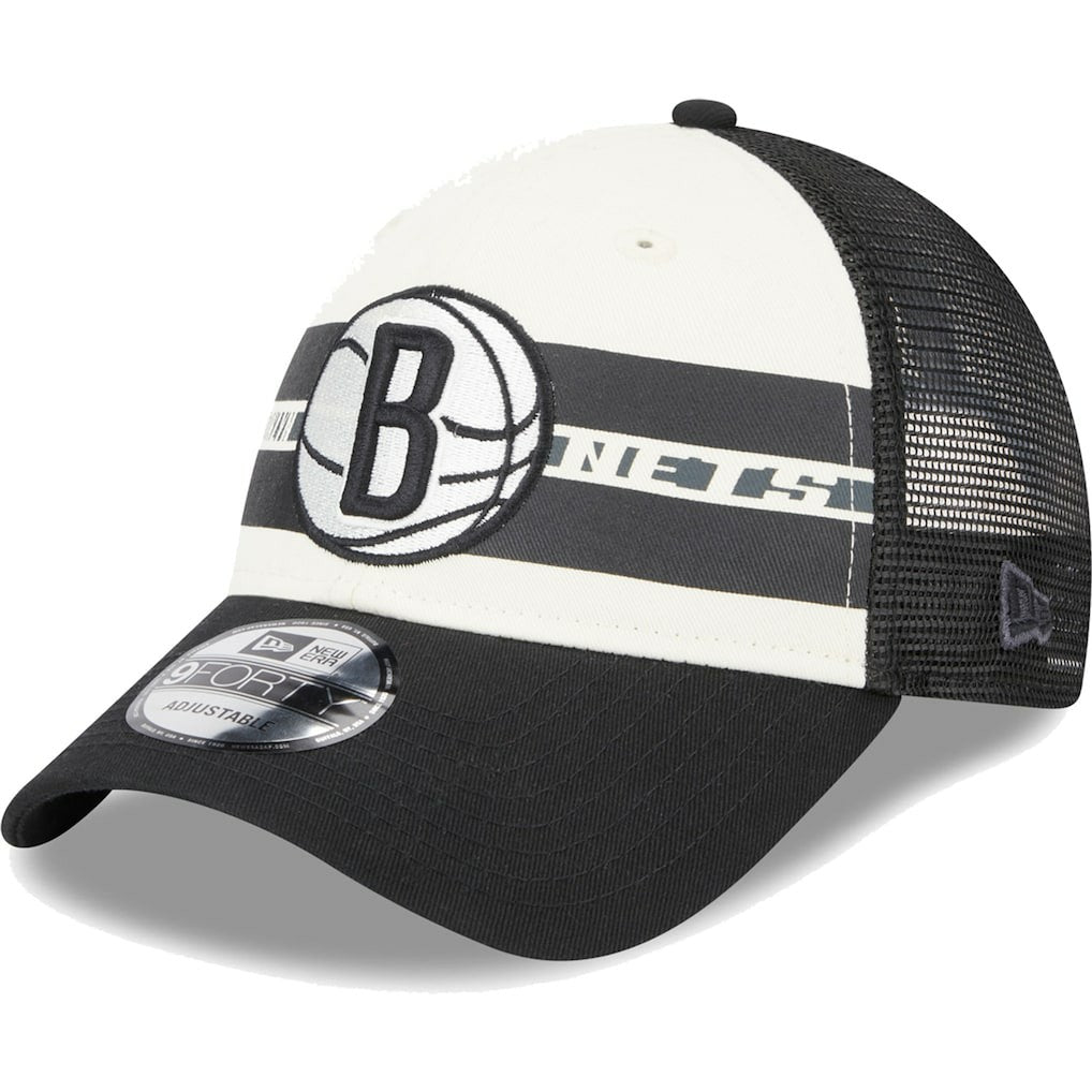 Black Brooklyn Nets Stripes 9FORTY Trucker Snapback Hat | NBA