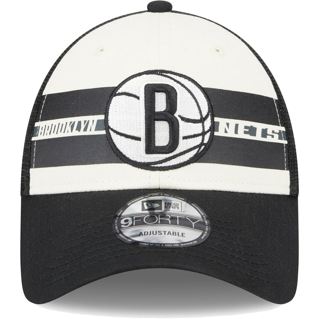 Black Brooklyn Nets Stripes 9FORTY Trucker Snapback Hat | NBA