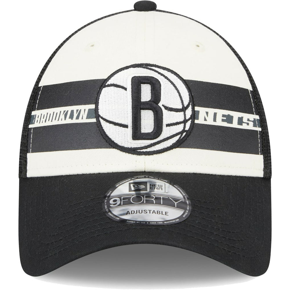 Black Brooklyn Nets Stripes 9FORTY Trucker Snapback Hat | NBA