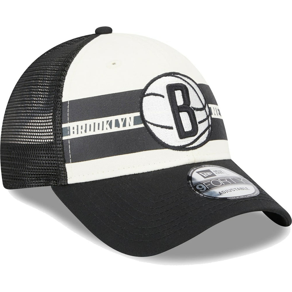 Black Brooklyn Nets Stripes 9FORTY Trucker Snapback Hat | NBA