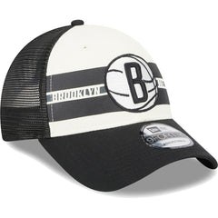 Black Brooklyn Nets Stripes 9FORTY Trucker Snapback Hat | NBA