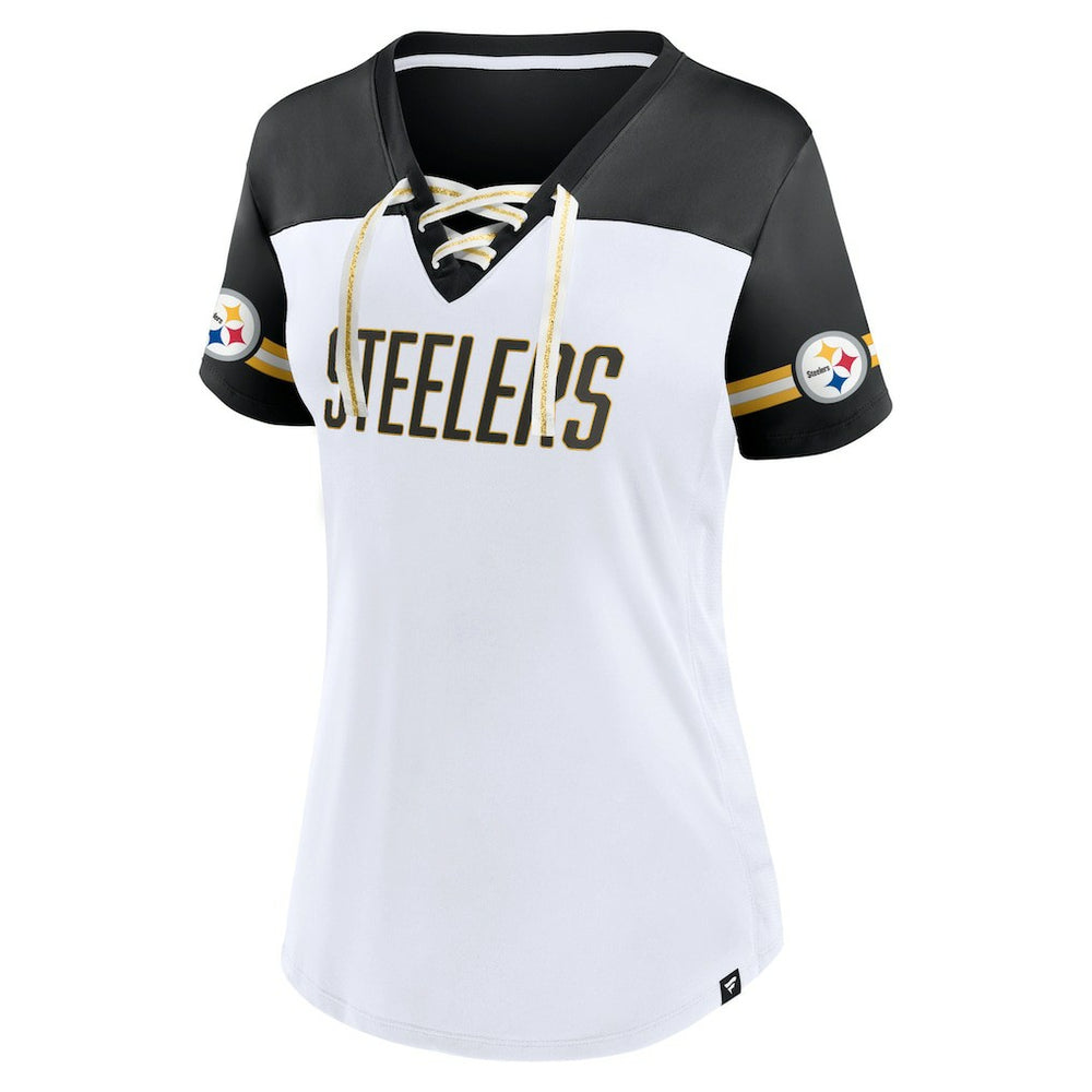 Pittsburgh Steelers Women's Dueling Slant V-Neck Lace-Up T-Shirt | NFL Online