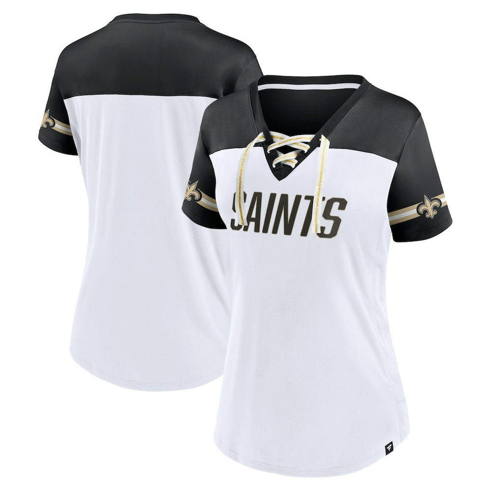 New Orleans Saints Women's Dueling Slant V-Neck Lace-Up T-Shirt | NFL Hot