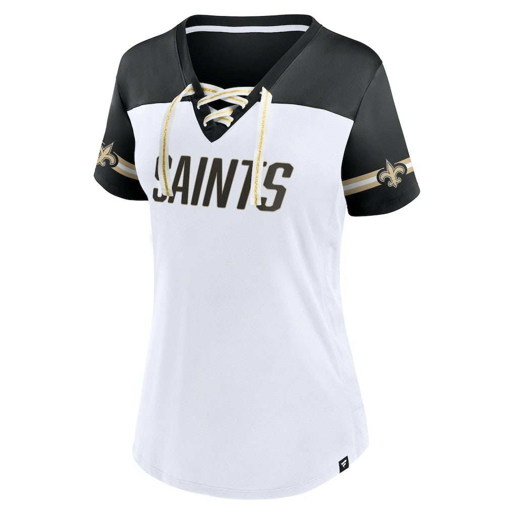 New Orleans Saints Women's Dueling Slant V-Neck Lace-Up T-Shirt | NFL Hot