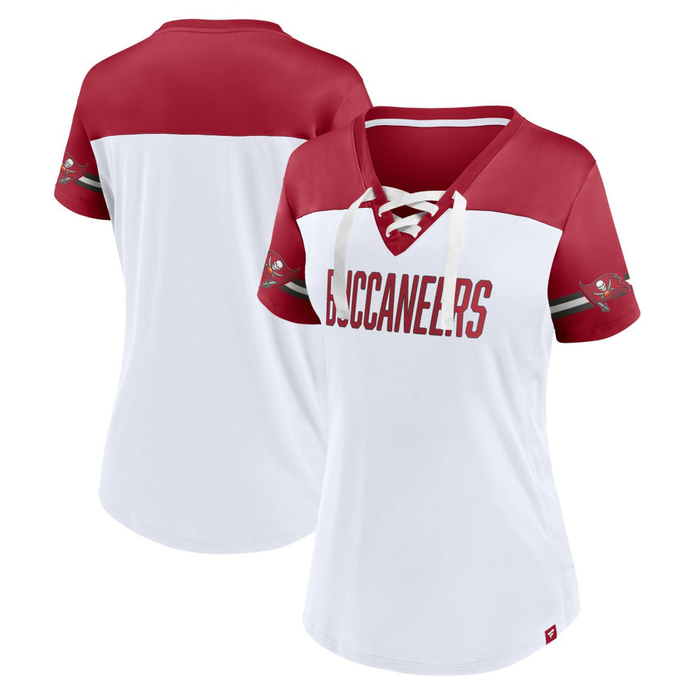 Tampa Bay Buccaneers Women's Dueling Slant V-Neck Lace-Up T-Shirt | NFL US