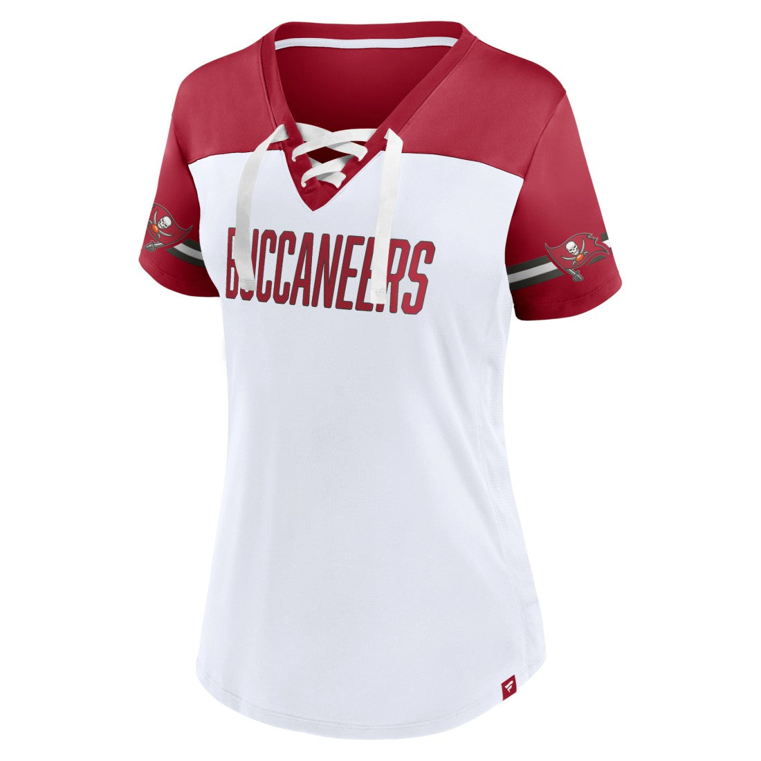 Tampa Bay Buccaneers Women's Dueling Slant V-Neck Lace-Up T-Shirt | NFL US
