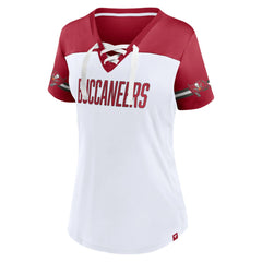 Tampa Bay Buccaneers Women's Dueling Slant V-Neck Lace-Up T-Shirt | NFL US