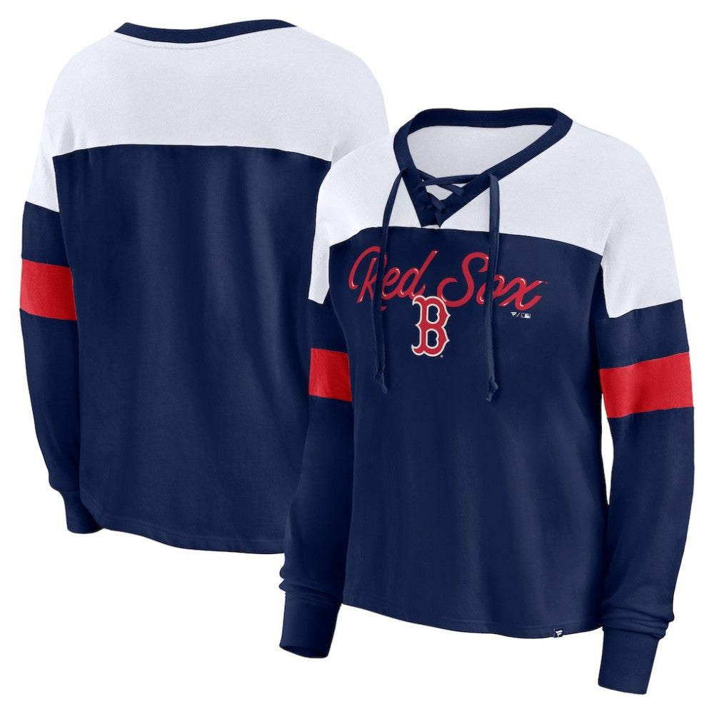 Boston Red Sox Fanatics Women's Even Match Lace-Up Long Sleeve V-Neck T-Shirt - MLB T-shirts