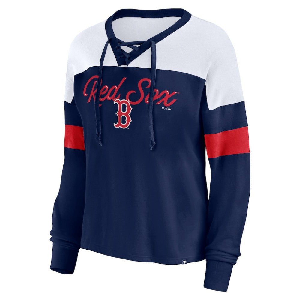 Boston Red Sox Fanatics Women's Even Match Lace-Up Long Sleeve V-Neck T-Shirt - MLB T-shirts
