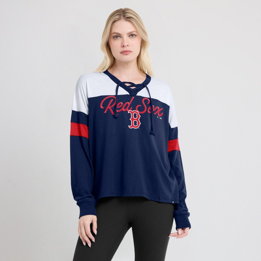 Boston Red Sox Fanatics Women's Even Match Lace-Up Long Sleeve V-Neck T-Shirt - MLB T-shirts