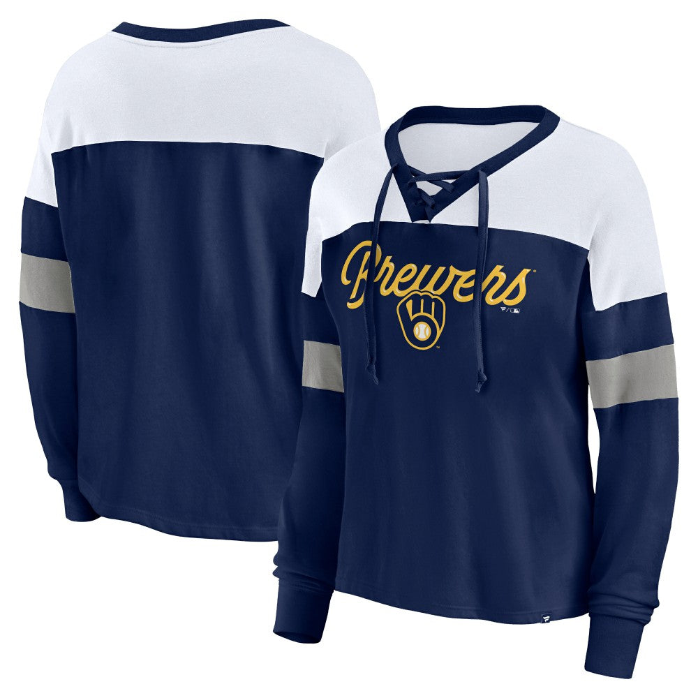 Milwaukee Brewers Fanatics Women's Even Match Lace-Up Long Sleeve V-Neck T-Shirt - MLB T-shirts