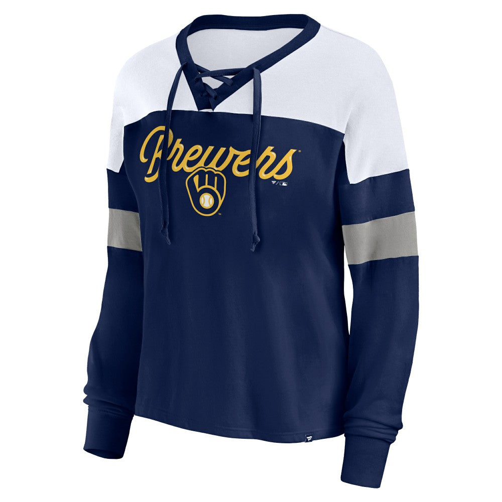 Milwaukee Brewers Fanatics Women's Even Match Lace-Up Long Sleeve V-Neck T-Shirt - MLB T-shirts