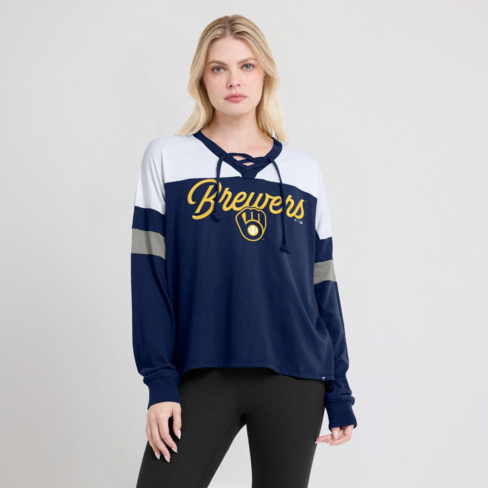 Milwaukee Brewers Fanatics Women's Even Match Lace-Up Long Sleeve V-Neck T-Shirt - MLB T-shirts