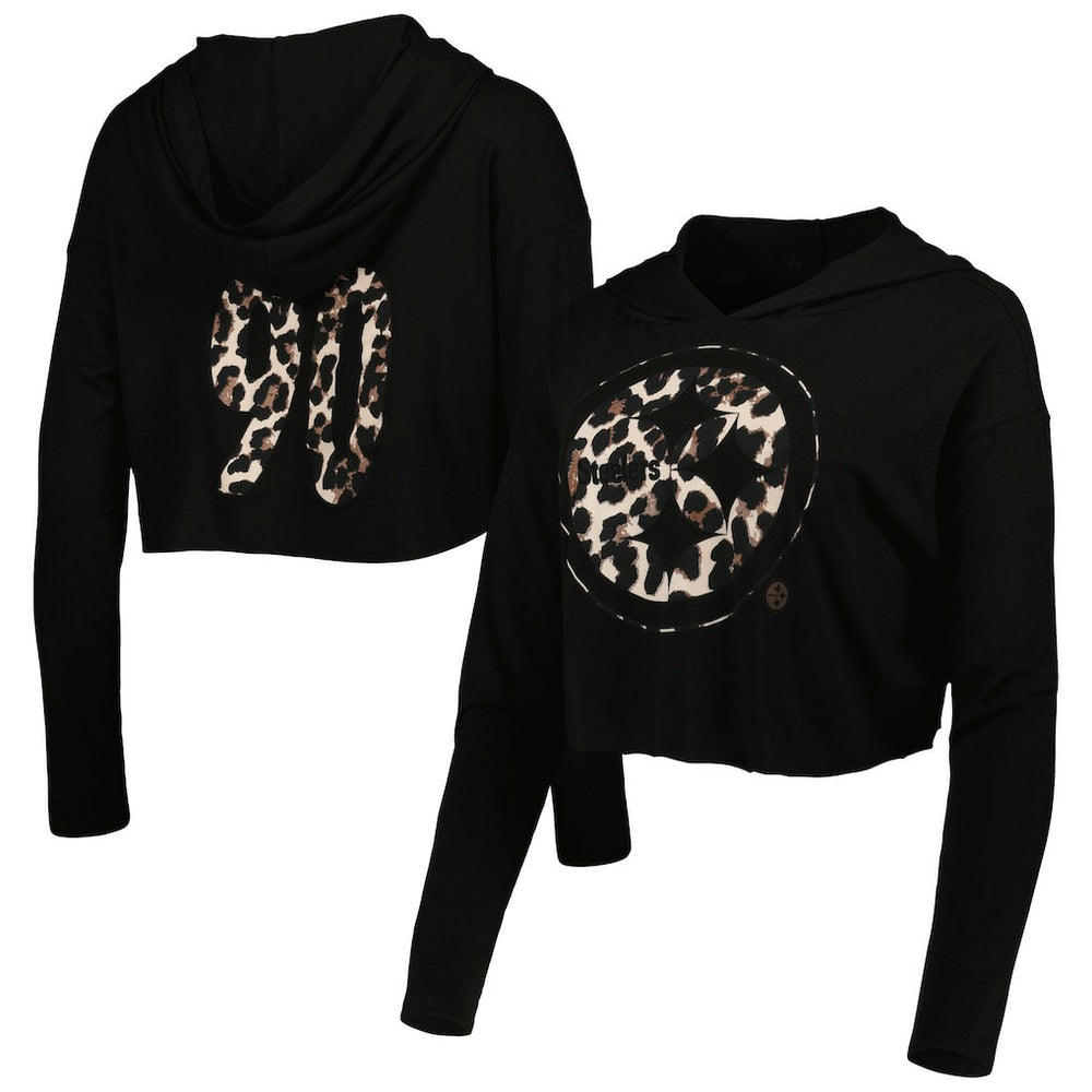 Pittsburgh Steelers T.J. Watt  Majestic Threads Women's Leopard Player Name & Number Long Sleeve Cropped Hoodie | NFL Sale