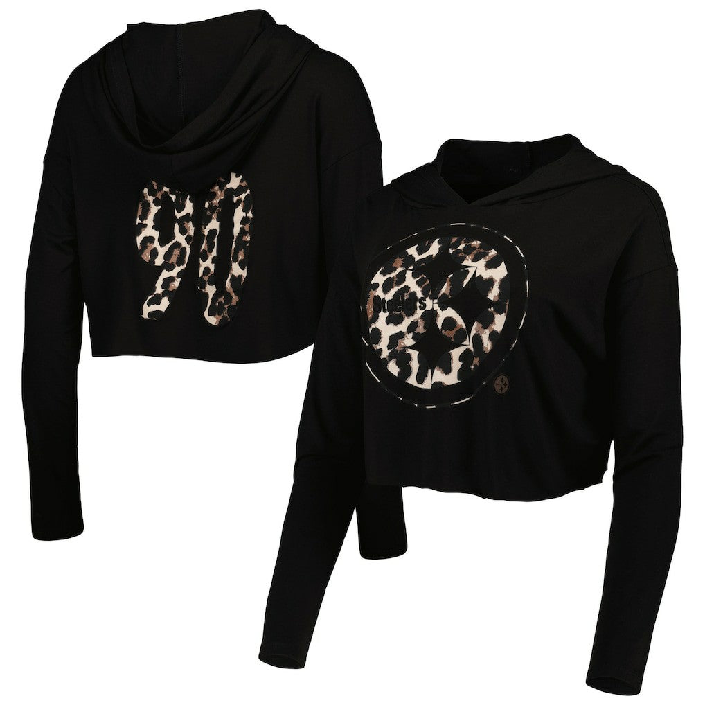 Pittsburgh Steelers T.J. Watt  Majestic Threads Women's Leopard Player Name & Number Long Sleeve Cropped Hoodie | NFL Sale