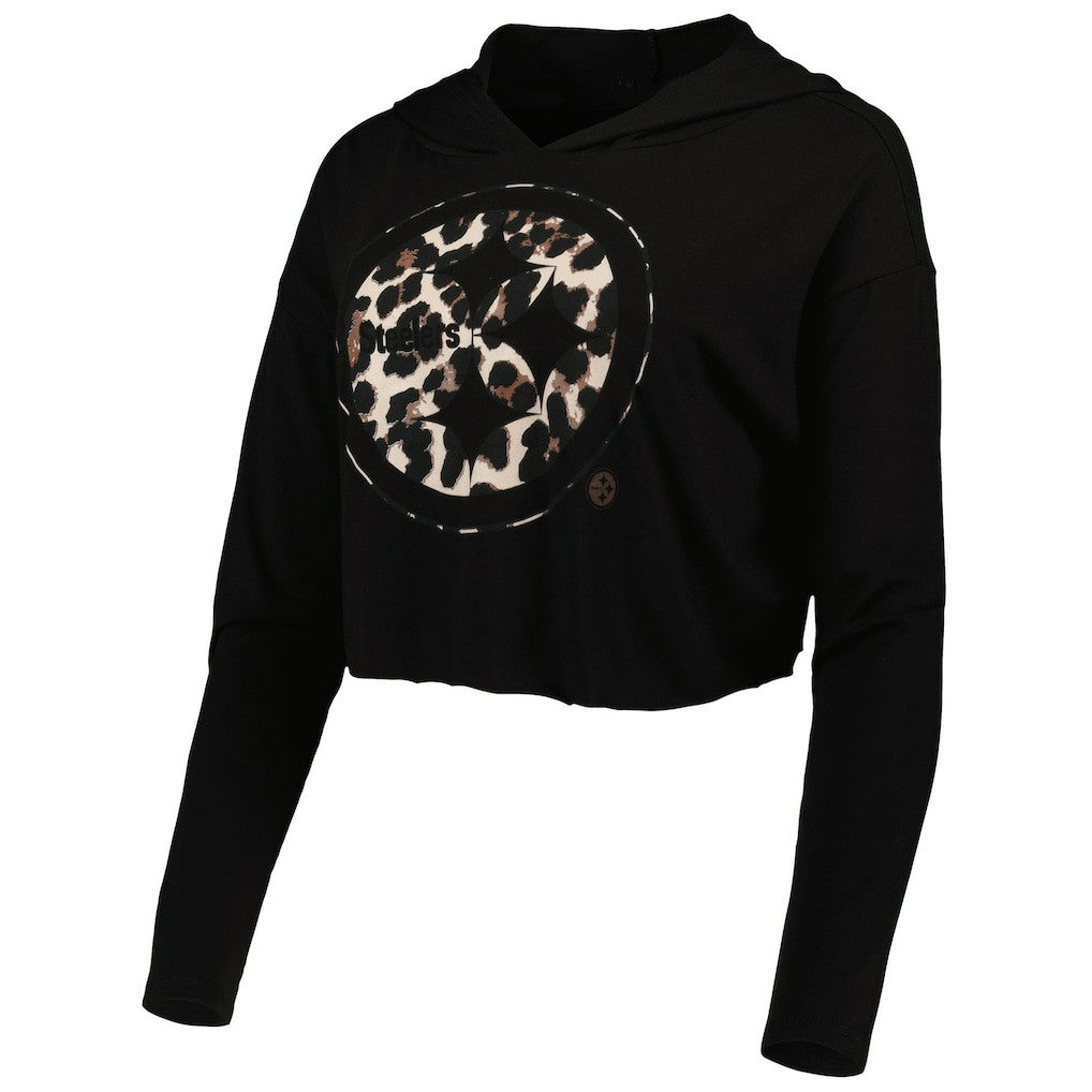 Pittsburgh Steelers T.J. Watt  Majestic Threads Women's Leopard Player Name & Number Long Sleeve Cropped Hoodie | NFL Sale