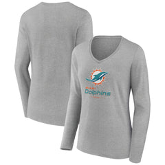 Miami Dolphins Women's Logo Team Lockup Long Sleeve V-Neck T-Shirt | NFL Discount