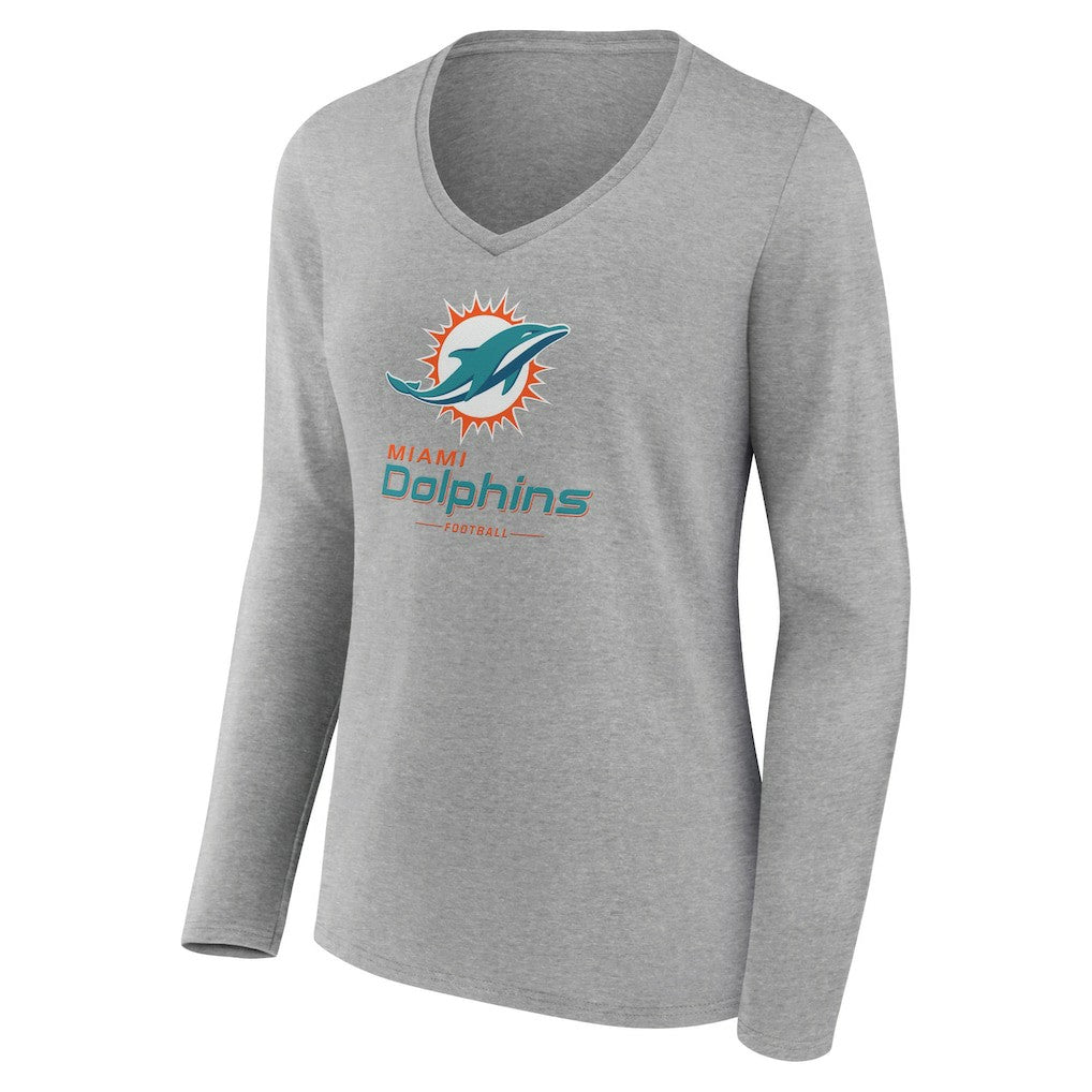 Miami Dolphins Women's Logo Team Lockup Long Sleeve V-Neck T-Shirt | NFL Discount