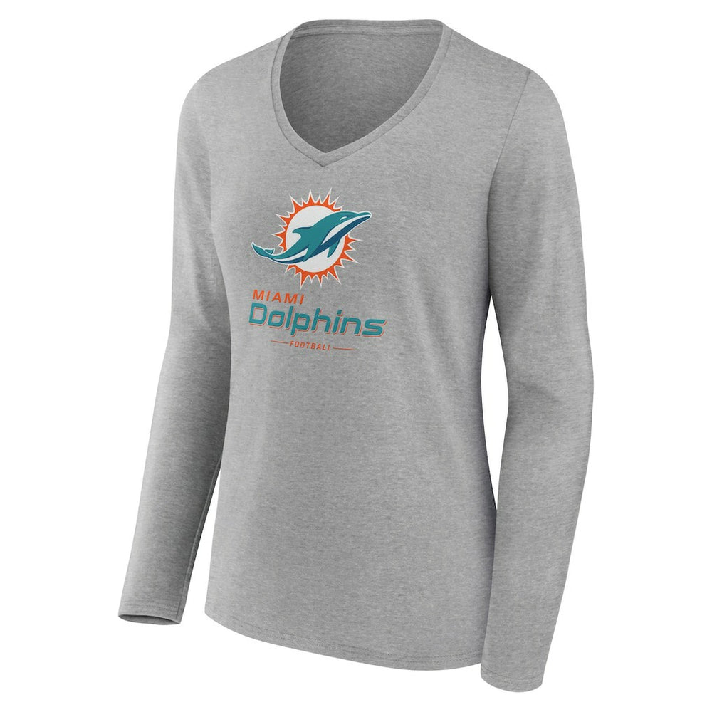 Miami Dolphins Women's Logo Team Lockup Long Sleeve V-Neck T-Shirt | NFL Discount