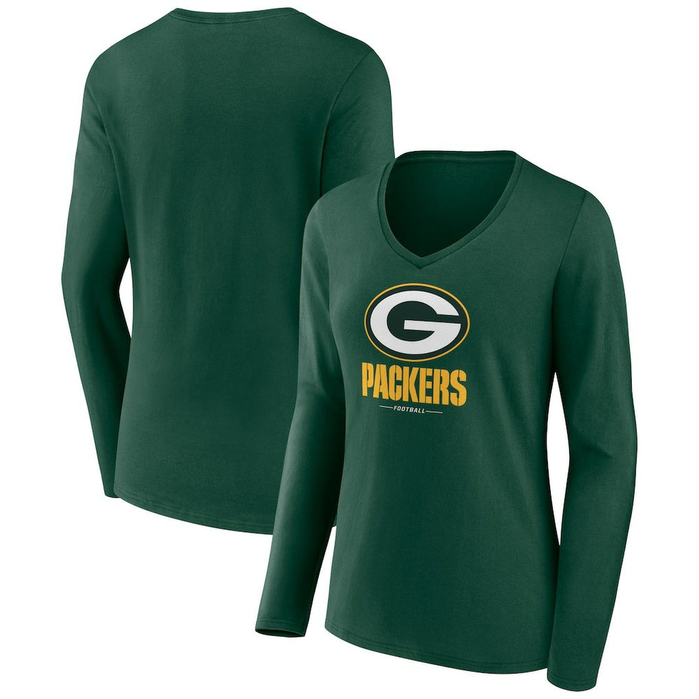 Green Bay Packers Women's Logo Team Lockup Long Sleeve V-Neck T-Shirt | NFL Outlet
