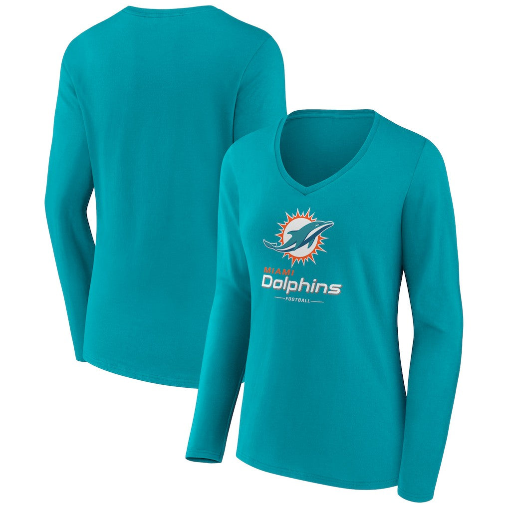 Miami Dolphins Women's Logo Team Lockup Long Sleeve V-Neck T-Shirt | NFL Online