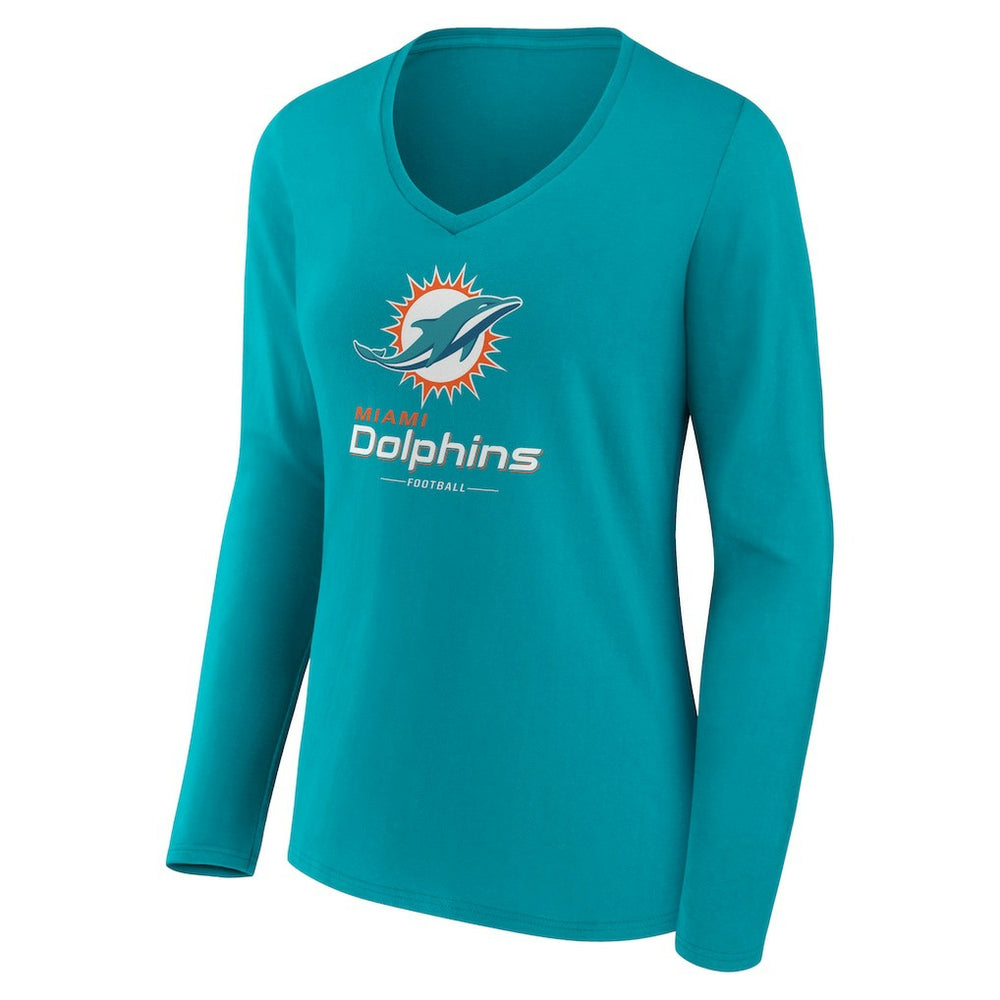 Miami Dolphins Women's Logo Team Lockup Long Sleeve V-Neck T-Shirt | NFL Online