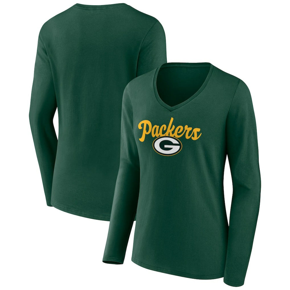 Green Bay Packers Women's Freehand Team Long Sleeve V-Neck T-Shirt | NFL Hot