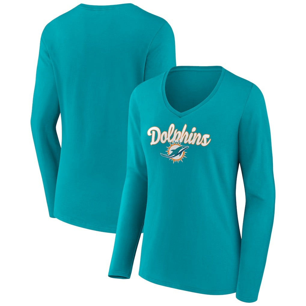 Miami Dolphins Women's Freehand Team Long Sleeve V-Neck T-Shirt | NFL Discount