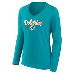 Miami Dolphins Women's Freehand Team Long Sleeve V-Neck T-Shirt | NFL Discount