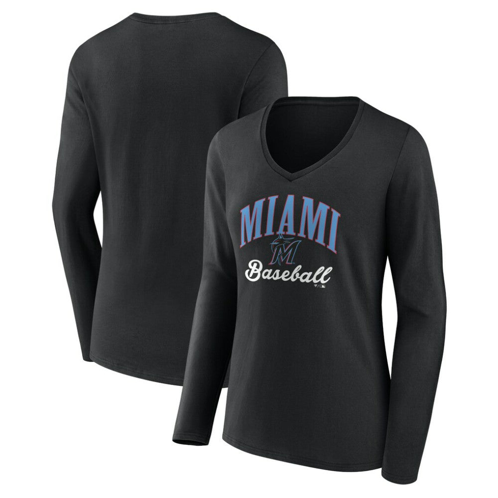 Miami Marlins Women's Victory Script Long Sleeve V-Neck T-Shirt - MLB T-shirts
