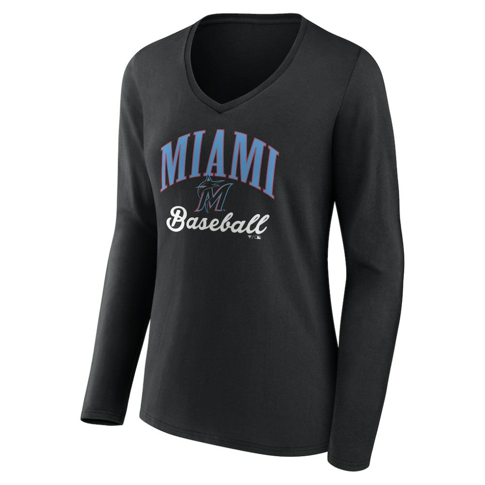 Miami Marlins Women's Victory Script Long Sleeve V-Neck T-Shirt - MLB T-shirts