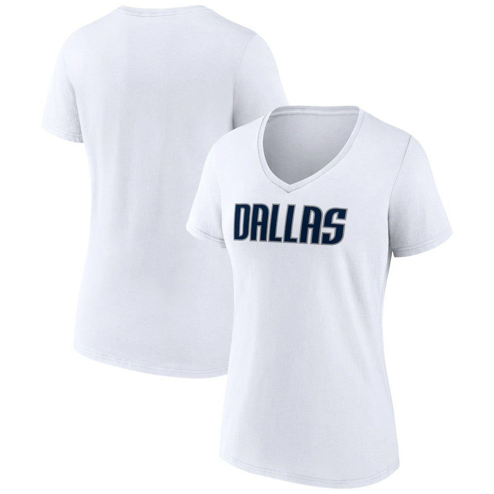White Dallas Mavericks Women's Wordmark V-Neck T-Shirt sale | NBA