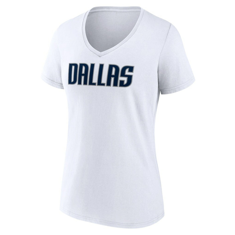 White Dallas Mavericks Women's Wordmark V-Neck T-Shirt sale | NBA