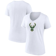 White Milwaukee Bucks Women's Logo V-Neck T-Shirt | NBA