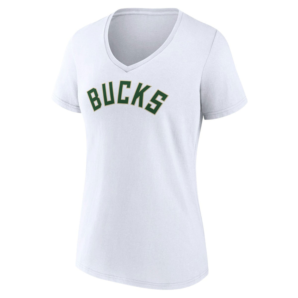 White Milwaukee Bucks Women's Wordmark V-Neck T-Shirt | NBA