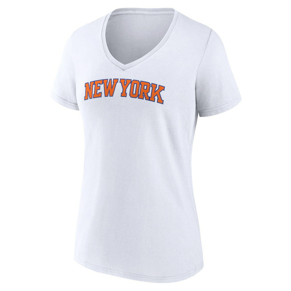 White New York Knicks Women's Wordmark V-Neck T-Shirt | NBA