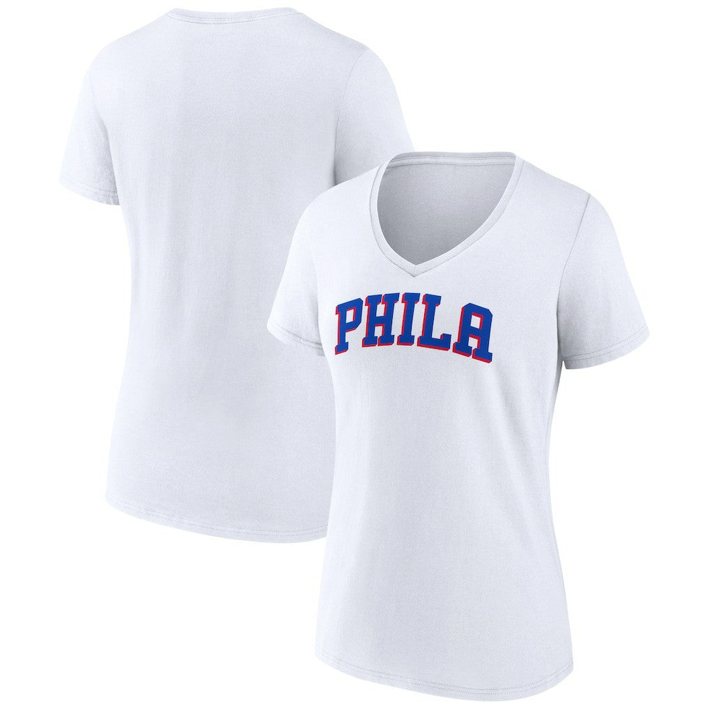 White Philadelphia 76ers Women's Wordmark V-Neck T-Shirt | NBA