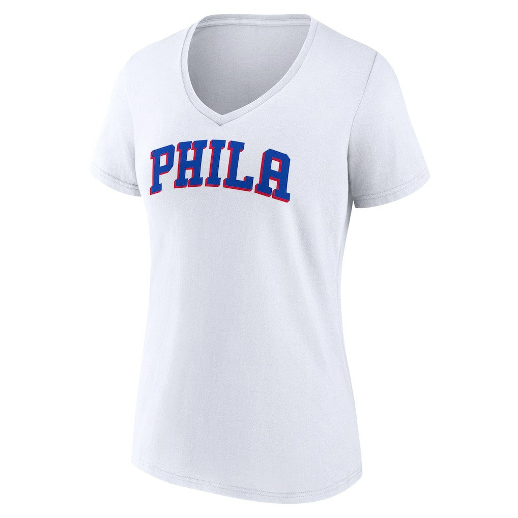 White Philadelphia 76ers Women's Wordmark V-Neck T-Shirt | NBA