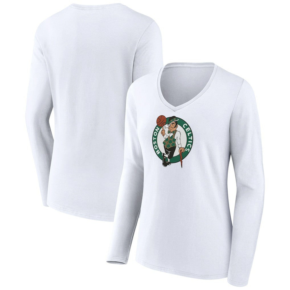 White Boston Celtics Women's Logo Long Sleeve V-Neck T-Shirt | NBA