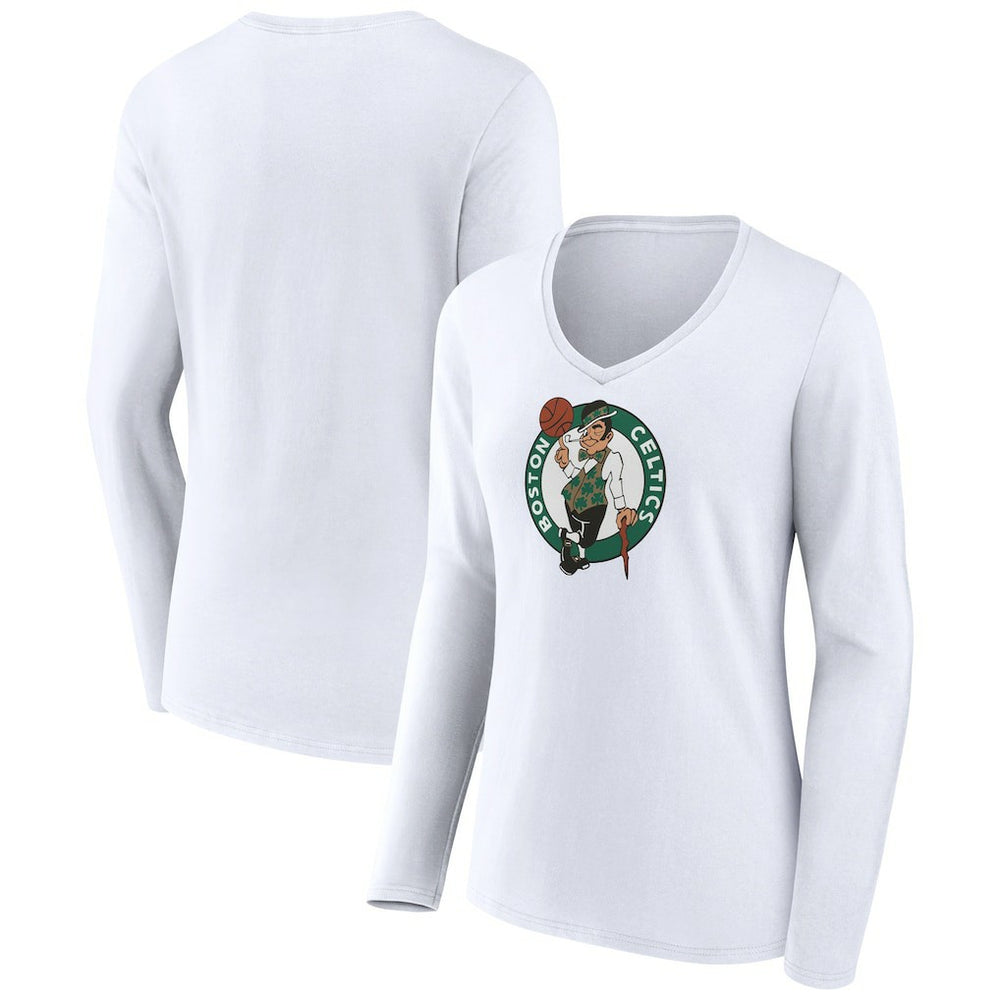 White Boston Celtics Women's Logo Long Sleeve V-Neck T-Shirt | NBA