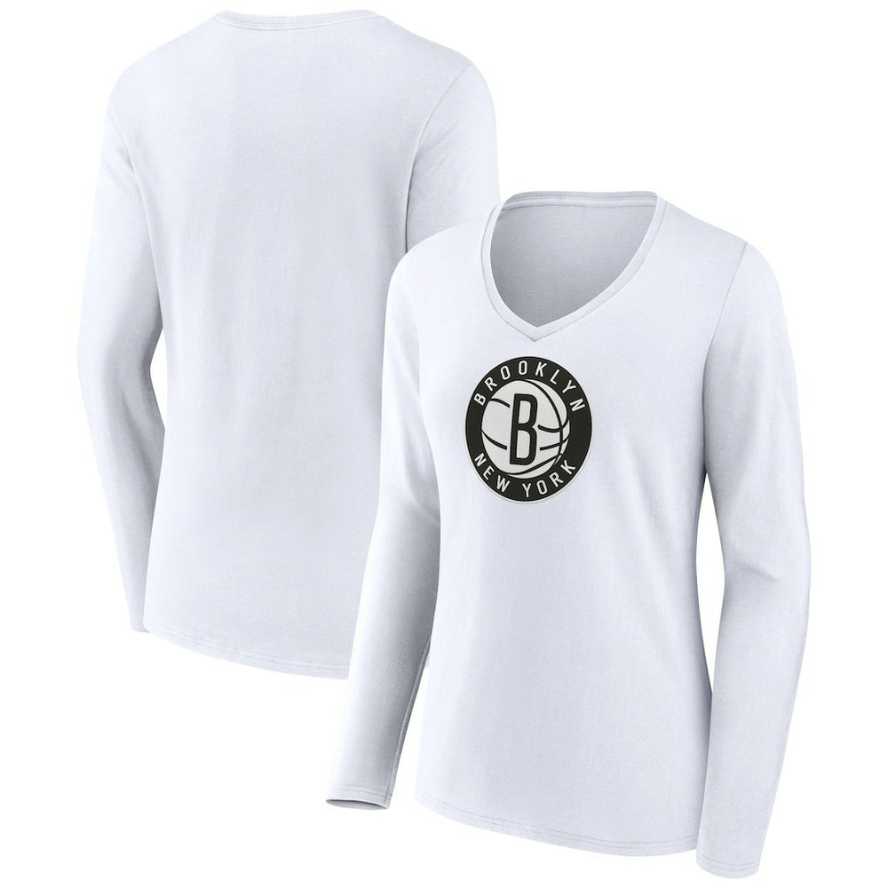 White Brooklyn Nets Women's Logo Long Sleeve V-Neck T-Shirt | NBA