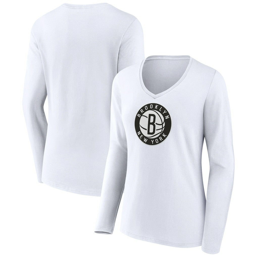 White Brooklyn Nets Women's Logo Long Sleeve V-Neck T-Shirt | NBA